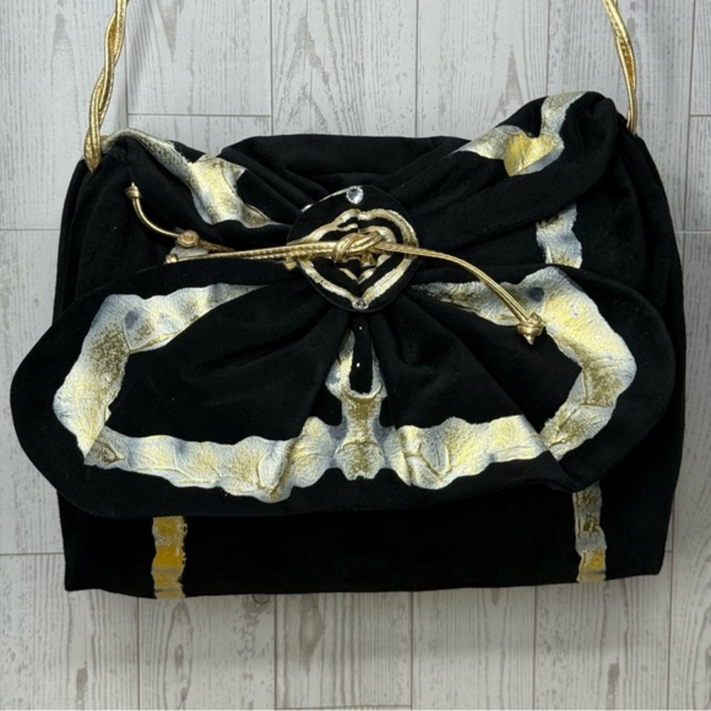 TERRY & TONI Elegant Black & Gold Suede Handpainted Women's Bag
